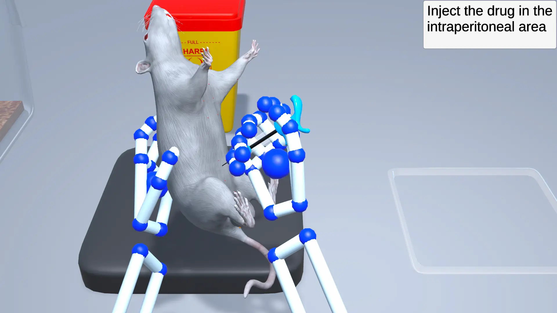 VIVARIA VR simulation interface showing laboratory environment with hand tracking